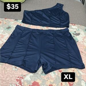 Navy One-Shoulder Top and Shorts Set